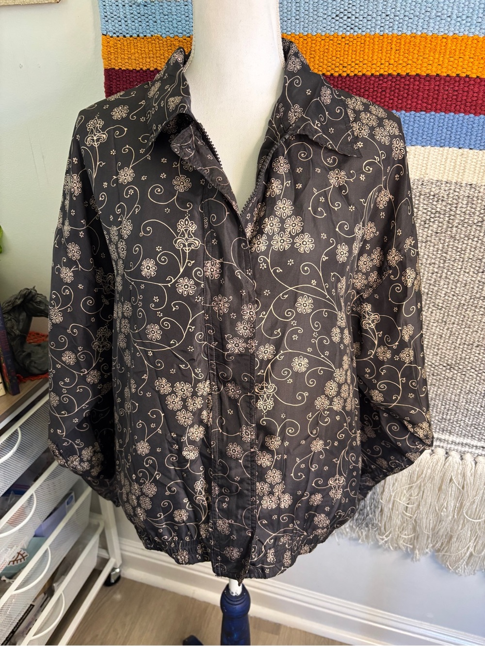 Vintage Silk Black Floral Bomber Jacket